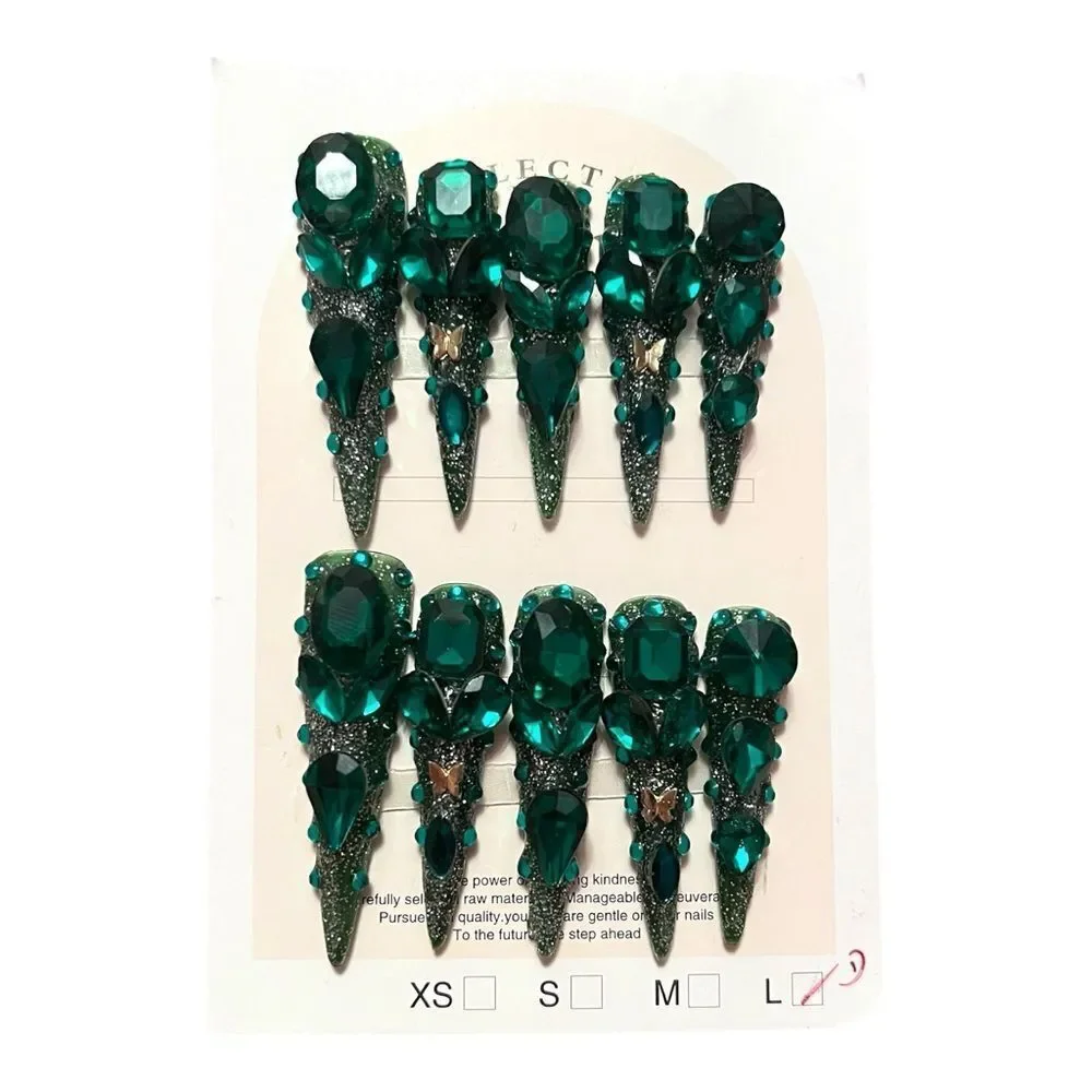 Handmade Emerald Green Gemstone Stiletto Extra Long Press-On Nails Size L